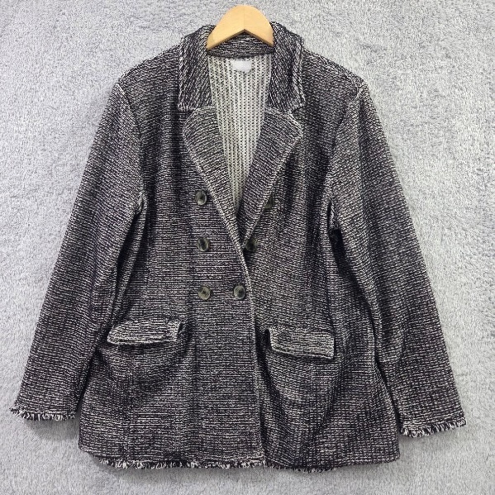 Chicos Metallic Tweed Sweater Blazer Women's XL Black White Frayed Fringe Jacket